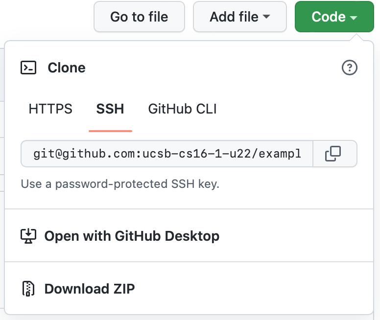 Screenshot of code button opened