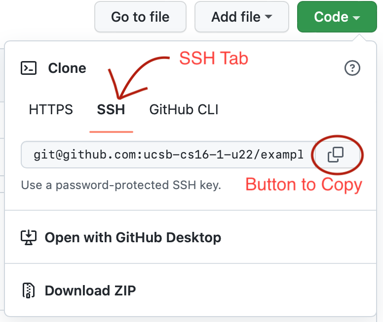 Annotated screenshot of code button opened